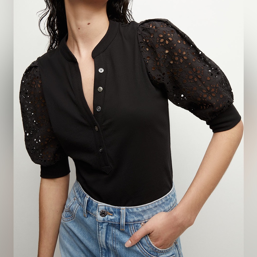 Veronica Beard Black Coralee Eyelet Puff Sleeve Top Size L - Picture 2 of 6